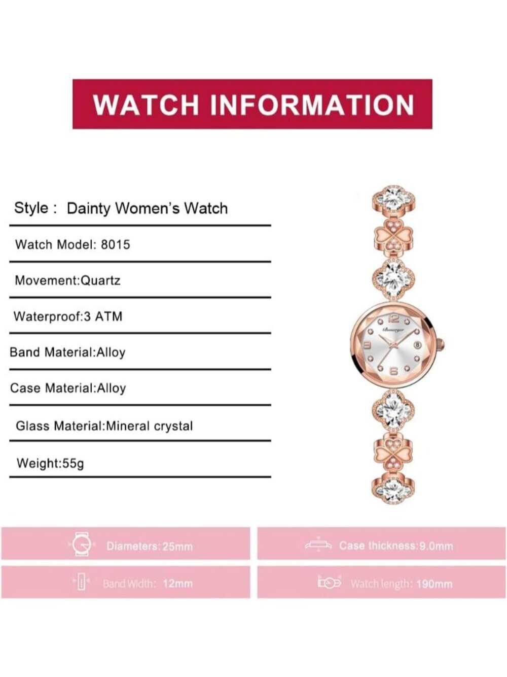 Women's Rose Gold Analog Quartz Vintage Hollow Four Leaf Chain Bracelet Watch - Picture 4 of 5